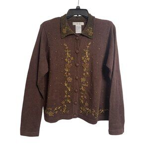 Vintage Victoria Jones Cotton Ramie Bronze Floral Beaded Button-Up Knit Sweater
